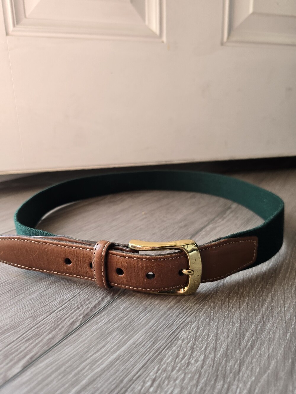Torino Leather Co Surcingle Belt 36 Made USA Green Woven Tan Leather Tabs Brass